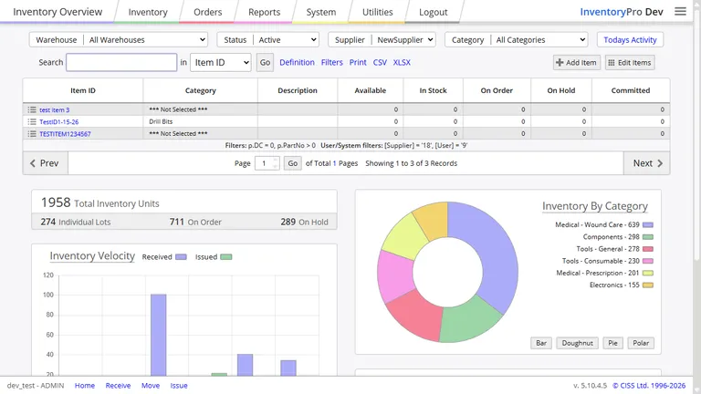 Inventory Pro real-time inventory overview dashboard showing on-hand quantities across warehouses