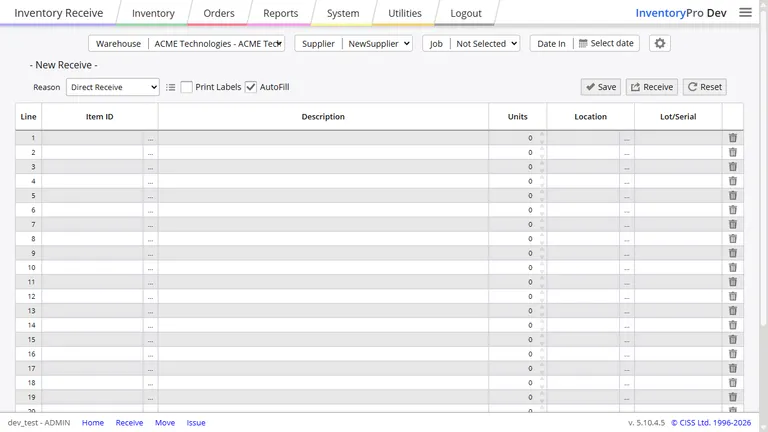 Purchase order receiving grid with line-item quantities, partial receipt tracking, and status indicators