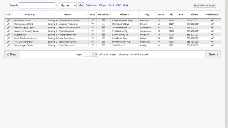 Overview of multiple storage locations with their bin counts and settings