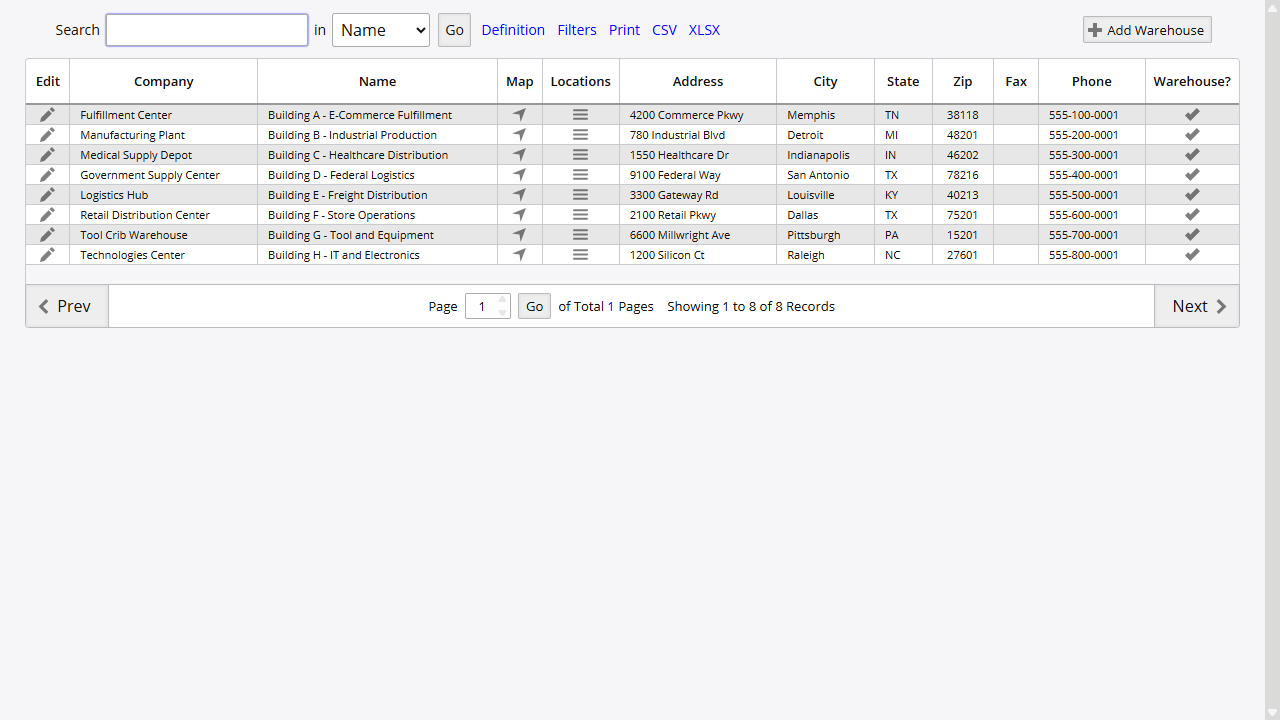 Warehouses List